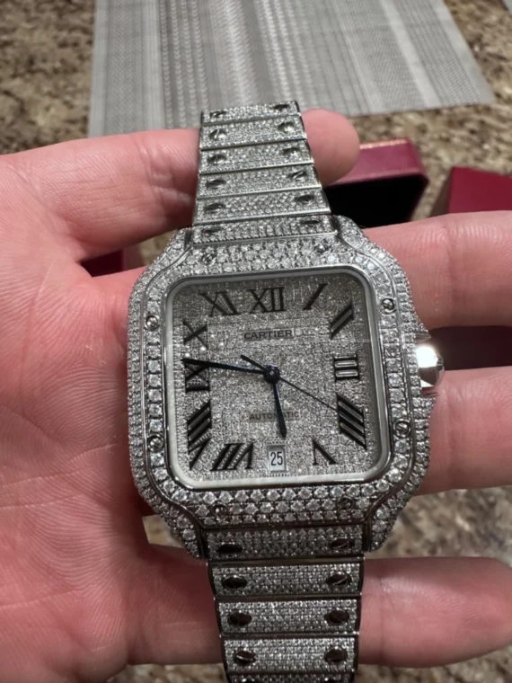 cartier santos 41mm steel iced out watch