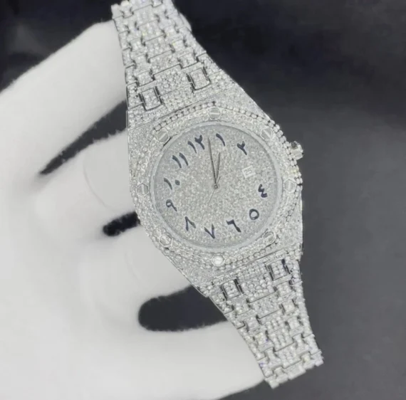 Bust Down Date Arabic Numerals VVS Iced Out Diamond Watch, Big Mens Watch