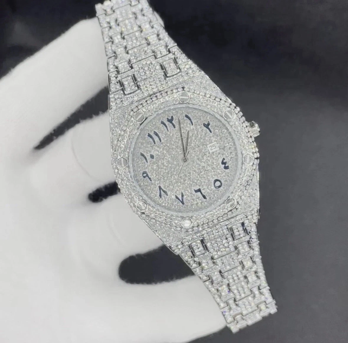 Bust Down Date Arabic Numerals VVS Iced Out Diamond Watch, Big Mens Watch