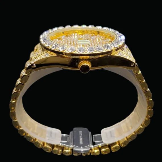 Gold Color Arabic Numerals Date Iced Out Diamond Watch, Luxury Hip Hop Watch