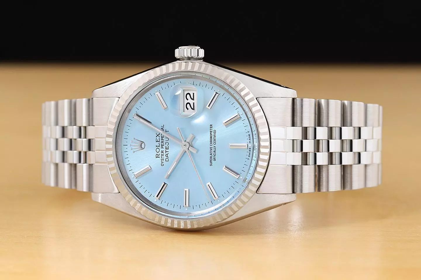 ROLEX MENS DATEJUST 16014 18K WHITE GOLD STEEL ICE BLUE DIAL JUBILEE WATCH