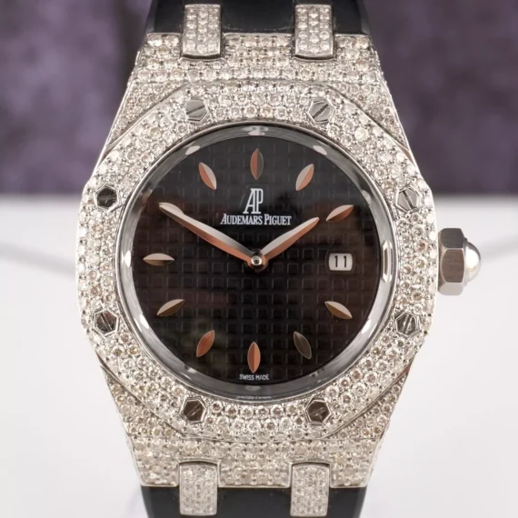 AUDEMARS PIGUET Lady Royal Oak 33mm Iced 8ct Diamonds Black Dial Watch 67620ST