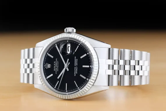 ROLEX MENS DATEJUST BLACK DIAL 18K WHITE GOLD BEZEL & STAINLESS STEEL WATCH