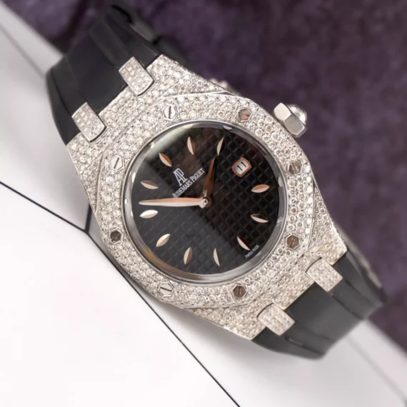 AUDEMARS PIGUET Lady Royal Oak 33mm Iced 8ct Diamonds Black Dial Watch 67620ST