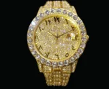 Gold Color Arabic Numerals Date Iced Out Diamond Watch, Luxury Hip Hop Watch