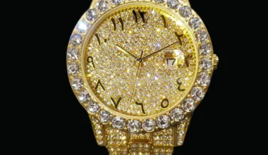 Gold Color Arabic Numerals Date Iced Out Diamond Watch, Luxury Hip Hop Watch