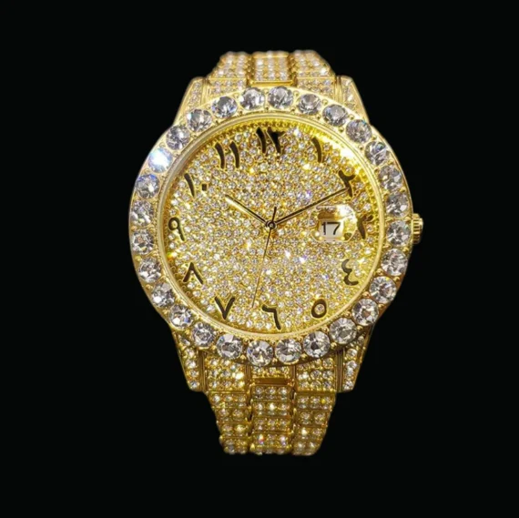 Gold Color Arabic Numerals Date Iced Out Diamond Watch, Luxury Hip Hop Watch
