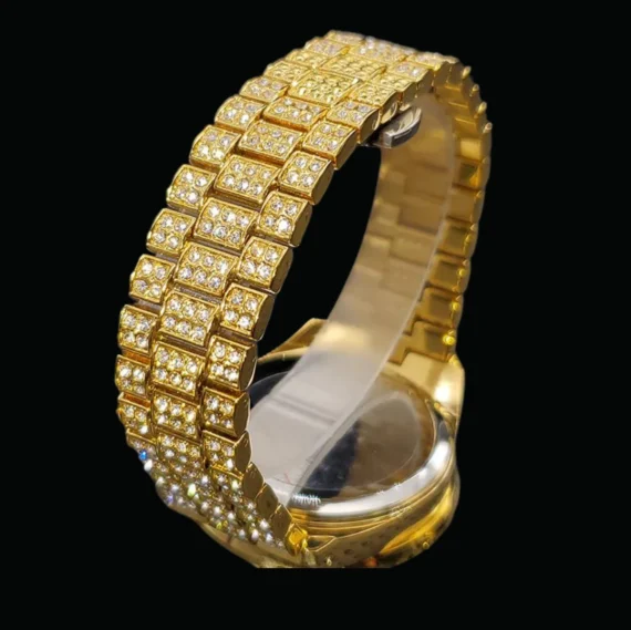 Gold Color Arabic Numerals Date Iced Out Diamond Watch, Luxury Hip Hop Watch