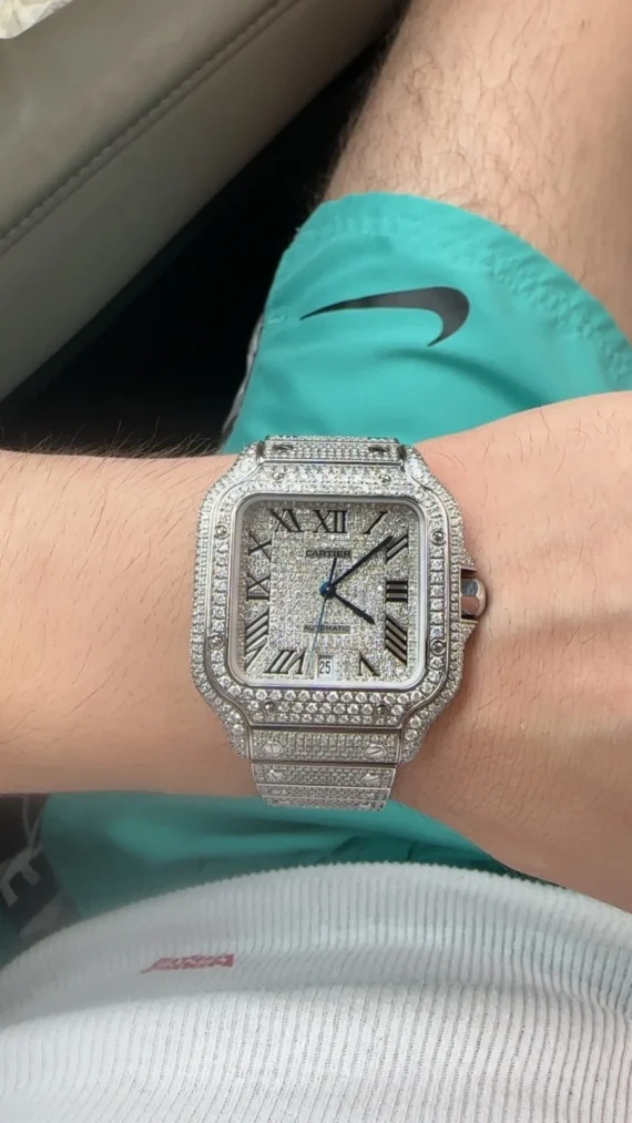cartier santos 41mm steel iced out watch