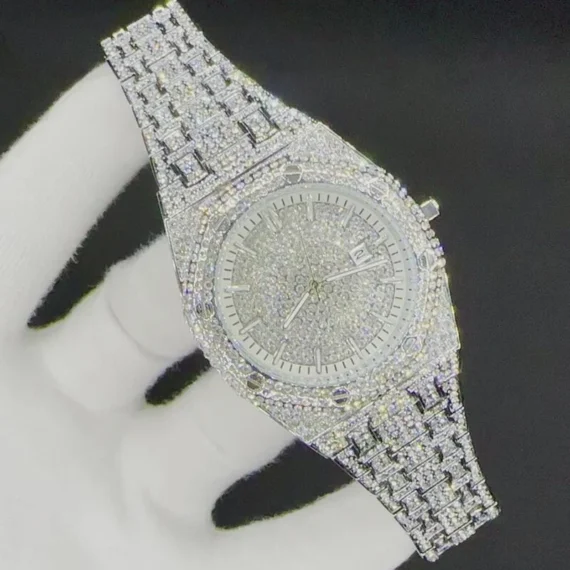Luxury Bust Down Date VVS Iced Out Diamond Watch, Men's Hip Hop Icy Watch