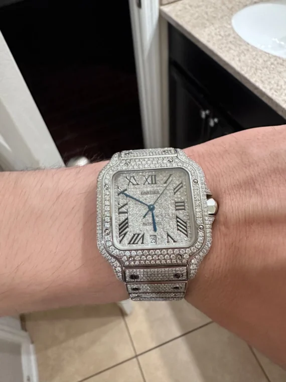 cartier santos 41mm steel iced out watch