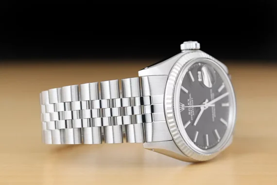 ROLEX MENS DATEJUST BLACK DIAL 18K WHITE GOLD BEZEL & STAINLESS STEEL WATCH