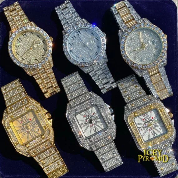 Gold Color Arabic Numerals Date Iced Out Diamond Watch, Luxury Hip Hop Watch