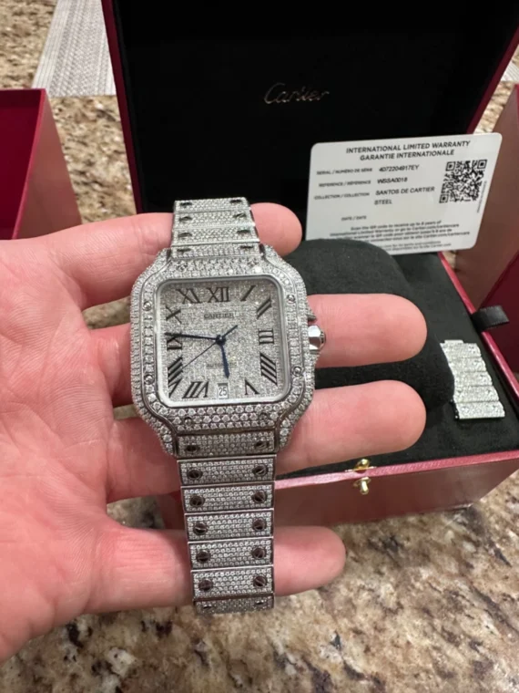 cartier santos 41mm steel iced out watch