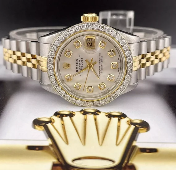 Rolex Ladies Datejust 26mm 18kGold & Steel Watch ICED 1.0ct Diamonds White Dial
