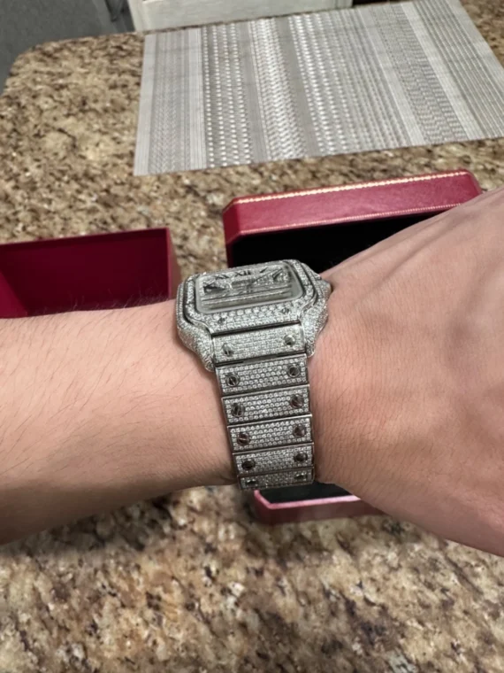 cartier santos 41mm steel iced out watch